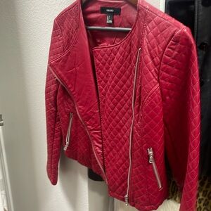 Faux leather red cropped motorcycle jacket